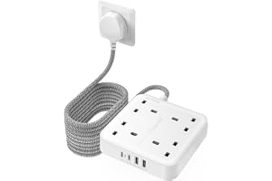 LENCENT Extension Lead with USB C Port, 4 Way Outlets (3250W) Power Strip | 4 USB Ports (3.4A, 2 Type-C and 2 USB-A) Multi Plug Charging Station with 5M Braided Extension Cord for Home, Office, Dorm