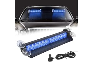 ESOLDNIC LED Windshield Warning Dash Light, 15 Flashing Modes 14inch 12-24V High Intensity LEDs Flashing Lights with 4 Suction Cups, Mini Visor Strobe Light Bar for Car Trailer Truck Vehicle (Blue)