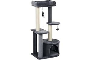 PawHut Árbol para Gatos 100 cm Torre de Gato con Postes para Rascar Cama Cueva Plataformas Bola y Pluma 48x35x100 cm Gris y Beige
