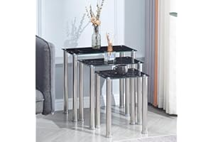 TRESBIEN Glass Nest of Tables, set of 3 Tables Side Nesting End Coffee Lamp Table Modern Sets for Home Office Living Room (Black Mable Like Glass, Rectangle (1-Pack))