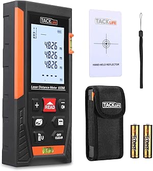 Laser Distance Meter 60m, TACKLIFE HD60 Portable Measure Tool with 2 Bubble Level, Larger Backlit LCD 4 Line Display and Unique Mute Function, Laser Target Included - 60m/196ft