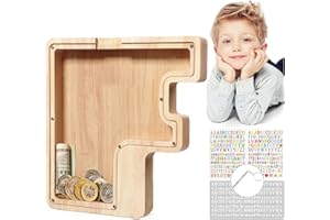 MoneRffi Personalized Letters Wooden Piggy Bank, A-Z Letters Coin Bank Money Box with Clear Alphabet Stickers, Money Saving Bank For Family Christmas Birthday Gift Home DIY Decoration