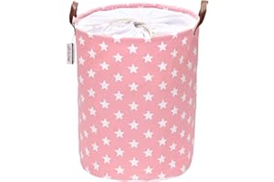 Sea Team Star Pattern Canvas Laundry Basket Foldable Storage Basket with PU Leather Handles and Drawstring Closure, 19.7 x 15.7 inches, Waterproof Interior