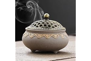 YHZPDP Keramik Räuchergefäß Vintage Weihrauchbrenner mit Metall Deckel und Feuerfeste Räucherstäbchenhalter Halter Rund Chinesisch Porzellan Räucherschale für Home Meditationsraum Wohnzimmer Office Deko