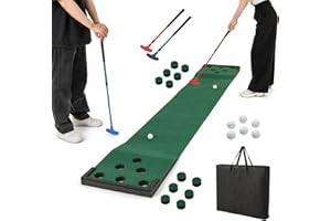 COSTWAY Mata do gry w golfa 332 x 50 cm, putting green z 2 regulowanymi paterami, 6 piłkami i 12 osłonami otworów, przenośna mata golfowa do użytku wewnątrz i na zewnątrz, mata do ćwiczeń na rodzinne