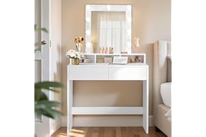 VASAGLE KAILYN Collezione - Toeletta, Luce LED con Luminosità Regolabile, Tavolo da Trucco con Specchio, 2 Cassetti e 3 Scomparti, Postazione Trucco, Moderno, Bianco RDT114W01