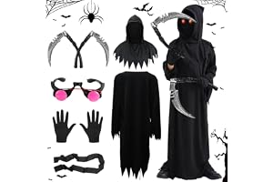 Grim Reaper kostym för barn, Halloween kostym för pojkar och flickor - svart läskig dräkt med dubbla liear och klarröda ögon, Halloween kostym barnset för spöklik festklänning (95 cm)