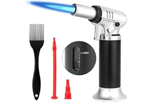 M TIME C CLUB Kochbrenner - Küchenfackel für Creme Brulee, con pennello per olio, dessert e accenditore per bruciare, bruciatore flambante con blocco e fiamma regolabile (gas butano non incluso) (grigio argento)