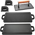 HeroFiber Cast Iron Griddle, Plus Cast Iron Grill Press & Pan Scrapers - Reversible Grill/Griddle for Stove top, Gas, Preseasoned & Non-Stick, measure 17 x 9 inch,