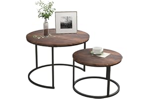HOJINLINERO Black Round Coffee Table Set of 2 Side Table for Living Room,Industrial Stacking End Tables,Wood Look Accent Furniture with Metal Frame for Bedroom Decorations