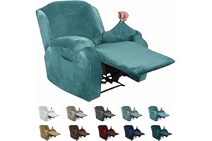 XINEAGE 4 Pieces Velvet Recliner Slipcover Stretch Recliner Chair Cover with Side Pocket Anti-Slip Fitted Recliner Cover Couch Furniture Protector with Elastic Bottom (Recliner, Peacock Blue)