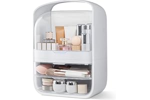 QIVANGE 3-Tier Makeup Organiser Storage with 2 Drawers & Dustproof Cover Cosmetic Organisers Box for Countertop Bathroom Vanity, Large Capacity Skincare Beauty Jewelry Organiser Case Desk Storage Container