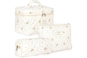POWZOO Lot de 3 Trousse de Toilette Voyage Motif Floral en Coton pour Femme et Fille - Grande Capacité Pochette de Rangement Maquillage (White)