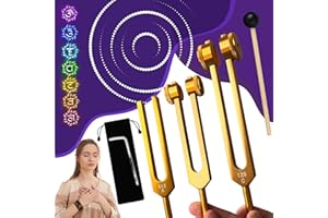 MAJESTIC'S Diapason Medico 128 Hz, 256hz, 512hz Professionale (Confezione da 3) in Alluminio Dorato, per la Terapia del Suono di Meditazione Yoga, Strumento con Martello e Custodia inclusa