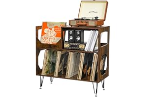ikkle Large Rustic Record Player Stand, 2 Tier Record Player Table with Vinyl Record Storage, Vinyl Record Storage Cabinet with Metal Legs, Turntable Stand for Living Room, Bedroom, Holds 370 Albums