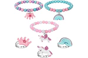 Maeoetty Girls Colourful Unicorn Bracelets,Children's Rainbow Unicorn Rings, Girls Jewellery Set, Christmas Stocking Filler Set - B