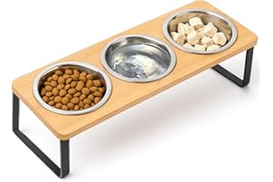 Toemics Adjustable Raised Cat Bowls with Stand 15° Tilted Stainless Steel Feeding Station for Cats & Small Dogs Bamboo Elevated Pet Feeder with 3 Bowls, Anti-Slip and Easy to Clean