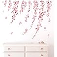 wondever Hanging Vines with Cherry Blossom Wall Stickers Pink Flower Peel and Stick Wall Art Decals for Living Room Bedroom TV Background