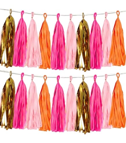 QUARKZMAN 40 Stück Blau, Hellblau, Leuchtend Orange, Dunkelorange Quasten-Girlanden-Banner mit Seil aus Seidenpapier Quasten Party DIY Kits für Jubiläum Hochzeit Geburtstagsfeier