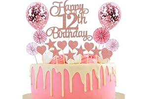 Jxuzh Happy 12. Geburtstag Tortendeko rosegold 12 Jahre Mädchen Jungen Kuchendeko Kuchen Deko Cake Topper mit Herz Stern
