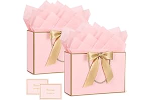 BBLIKE Pochette Cadeau Papier - 2 Pièces Sac Emballage Cadeaux Grand Format Avec Anse, Gift Bag Paquet Luxe 11.03 * 7.87 * 3.94in + 2 Cartes + 4 Mouchoirs Pour Fête d'Anniversaire, Mariage (Rose)