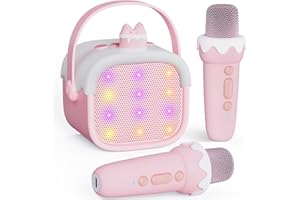 BESCOST Karaoke per Bambini,Karaoke con 2 Microfoni Senza Fili,Regalo Compleanno Bambina 3-12 Anni,Microfono Bambini, Luce LED e Cambia Voce