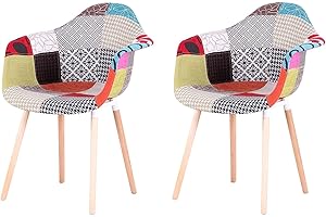 GrandCA HOME Chaise de Salle à Manger - Lot de 2 Fauteuils Patchwork Chaises et Chaises en Tissu de Lin avec Coussin Dos Doux (Rouge-2)