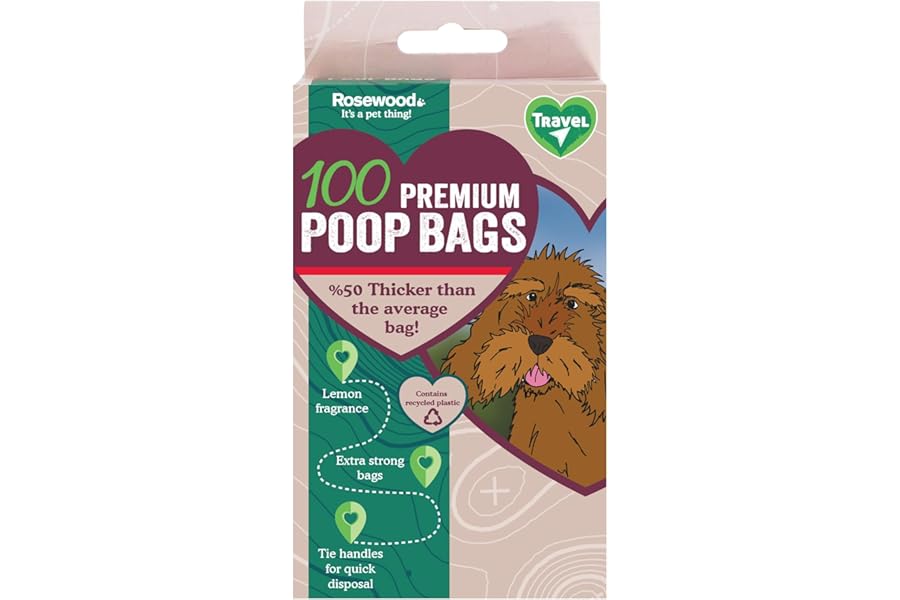 Rosewood Dog Poo Bags with Handles - 100 Easy Clean-Up Poop Bags, Loose Packed Dog Waste Bags with Tie Handles, Lightly Scented, Black