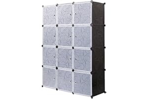 Mondeer Armoire Penderie Portable, Étagère de Rangement, Cubes de Stockage Modulaire en Plastique en métal Stable, Assemblage Facile pour Vêtements, Accessoires, Jouets (Noir, 12 Cubes)