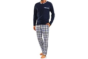 sesto senso Herren Schlafanzug Lang Pyjama 100% Baumwolle Langarm Shirt mit Tasche Pyjamahose Zweiteilig Set Nachtwäsche