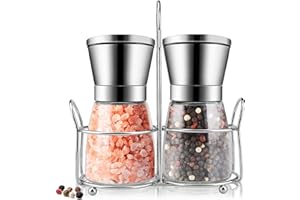 HISDRICUS Salt and Pepper Mill Set of 2 with Holder and Manual Adjustable Ceramic Grinder, Adjustable Grinding Level for Pepper, Salt, Spices, Pepper Mills