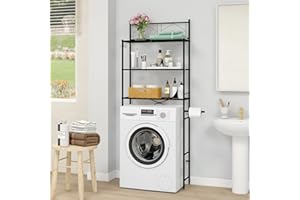 MALLBOO Meuble Machine à Laver, Meuble Lave Linge, Étagère de Salle de Bain à 3 Niveaux sans perçage, Étagère de Toilette en Acier Inoxydable, Support de Salle de Bain Peu encombrant (Noir)