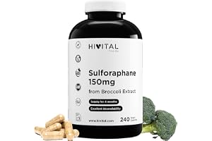 Sulforafan 150 mg. 240 veganska kapslar för 4 månaders behandling. | Naturligt Broccoliextrakt koncentrerat 10:1 med 10% Sulforafan som ger 150 mg Sulforafan. Tillverkad i Europa av HIVITAL