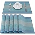 CHAOCHI Blue Table Mats Placemats Set of 6 Washable Dinner Mats Stain Resistant Nonslip Placemats Wipe Clean PVC Woven Vinyl Table Mats for Kitchen Dining Table, Restaurant, 45CM X 30CM