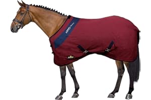 Horses, Coperta da Box per Cavallo in Cotone Modello Maddy 2, Leggera e Traspirante per Primavera e Estate, con Cinghie e Copricoda, BORDEAUX/BLU -145 cm
