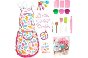 KAEGREEL Cucina Giocattolo per Bambini, 26Pz Set Utensili Cucina da Forno con Grembiule Dinosauro/Cappello Chef/Cucchiai/Frullino, Regali di Ruolo da Chef per Ragazzi Ragazze 3+ Anni (Rosa)