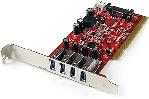 StarTech.com 4 Port PCI SuperSpeed USB 3.0 Adapter Card with SATA/SP4 Power, Quad Port PCI USB-A 3.0 (5Gbps) Controller Card, Red, Windows Only (PCIUSB3S4)
