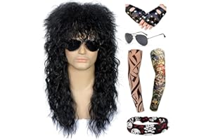 EMLOHSOL Herren Rock Disco Star Perücke 70er 80er Jahre Vokuhila Perücken für Fasching Karneval Schwarz Locken Hippie Rocker Jahre Heavy Metal Kostüm Mullet Mottoparty Wig Perücke