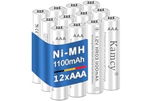 KAMCY Piles Rechargeables AAA 1100mAh, 1,2V Ni-MH Accu LR03 Rechargeables, Batteries Grande Capacité, 1200-1500 Cycles Batterie AAA, Faible Auto-décharge (Lot de 12)