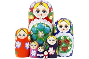 Winterworm® Matrioska - Matrioska russa in legno con fiori rossi e bacche, 7 pezzi