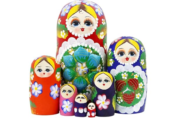 Winterworm® Lot de 7 poupées russes en bois avec fleurs rouges et baies