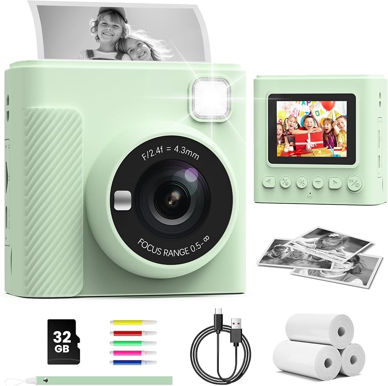 TIATUA Camara Fotos Infantil Instantanea, 2,4 Pulgada 1080P Cámara de Fotos Instantánea con Tarjeta de 32 GB y Papel Fotográfico, Regalo para Niños de 3 a 12 Años