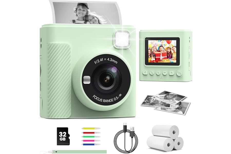 TIATUA Kids Camera Instant Print, 2.4'' Instant Camera for Kids with 32G Card & Print Photo Paper, 1080P Video Kids Digital Toy, Christmas Birthday Gifts for Boys Age 3-12 Years Old (Green)