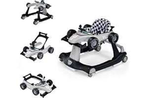 GYMAX Baby Walker, 4 in 1 Foldable Toddler Push Along Walker with Steering Wheel, Music Box, Lights and Comfy Seat, Height & Speed Adjustable Infant Learning to Walk Activity Center (Gray)