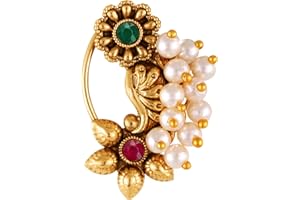 Vighnaharta Gold Plated with Pearl Alloy and Artificial stone Non Piercing Maharashtrian Nath Nathiya./ Nose Pin for women {V