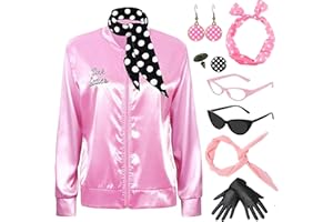 Aleshime Pink Ladies Jacket Grease Fancy Dress Women with Accessories, 1950S Costume Outfits 50s Ladys Pink Satin Jacket Halloween Cosplay Costume