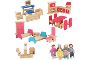 Foreverup Set di Mobili Casa Bambole Legno, 25PCS Mobili in Legno per Bambole, Mobili per Casa Delle Bambole con 6 Bambole di Famiglia in Legno per Completare la Casa Delle Bambole