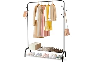 SKY-TOUCH Multipurpose Clothing Garment Rack with Bottom Shelves,Metal Clothes Stand Rack with Rod and Lower Storage Shelf, Heavy Duty Coat Rack and Shoe Bench Storage Stand for Indoor Bedroom