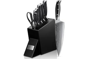 QUEENMEW. Couteaux de Cuisine de Damas, 7 Set Couteau Cuisine en Acier Damas Japonais 67 Couche, Bloc de Couteaux avec Support en Bois