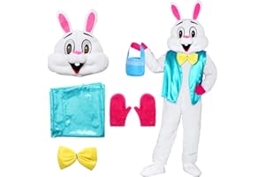 Angenster Easter Bunny Rabbit Mascot Costume for Adult, Easter Rabbit With Vest Bow Tie Basket Cute Plush Rabbit Costume Fancy Dress Performance Cosplay Party One Size Fits Most Adults